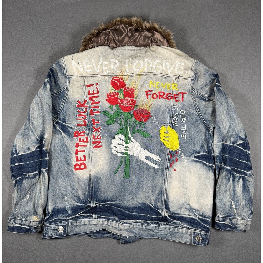 Reason Mulberry Moto Mens Acid Wash Graphic Denim Jacket 2XL Faux Fur Blue - Picture 2 of 8